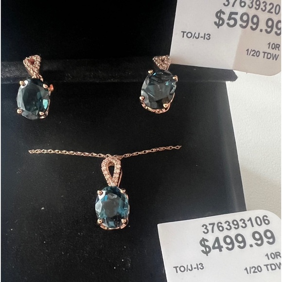 Natural diamond & London topaz set in 14k rose gold - 18in chain & earrings - Picture 2 of 5